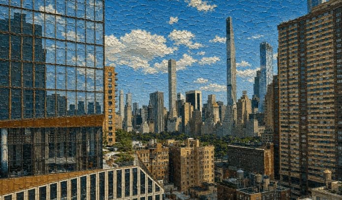 Painting of Manhattan towers seen from above, under a blue sky
