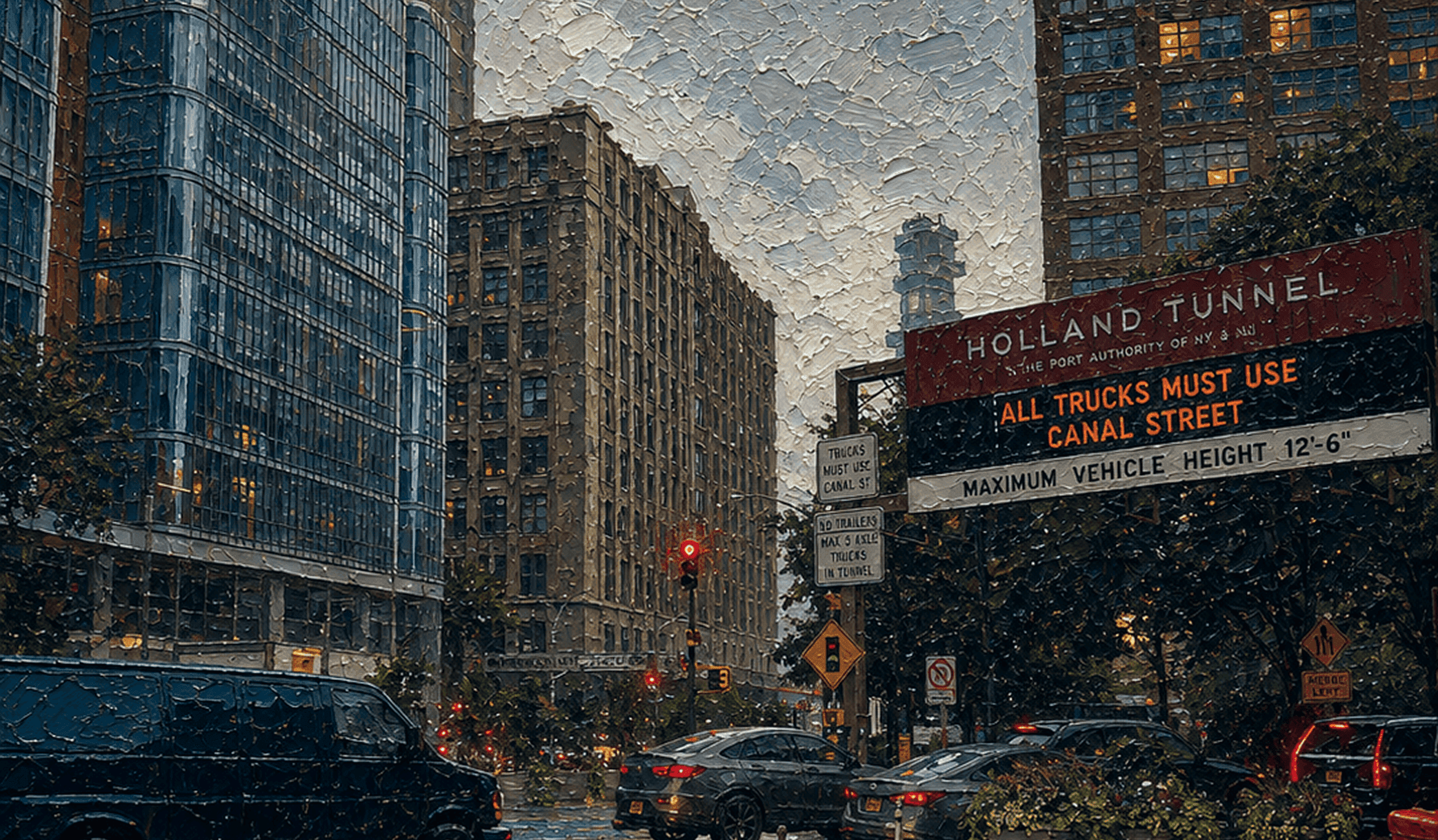 Painting of a Manhattan street at the Holland Tunnel approach, under a Port Authority sign sending trucks to Canal Street