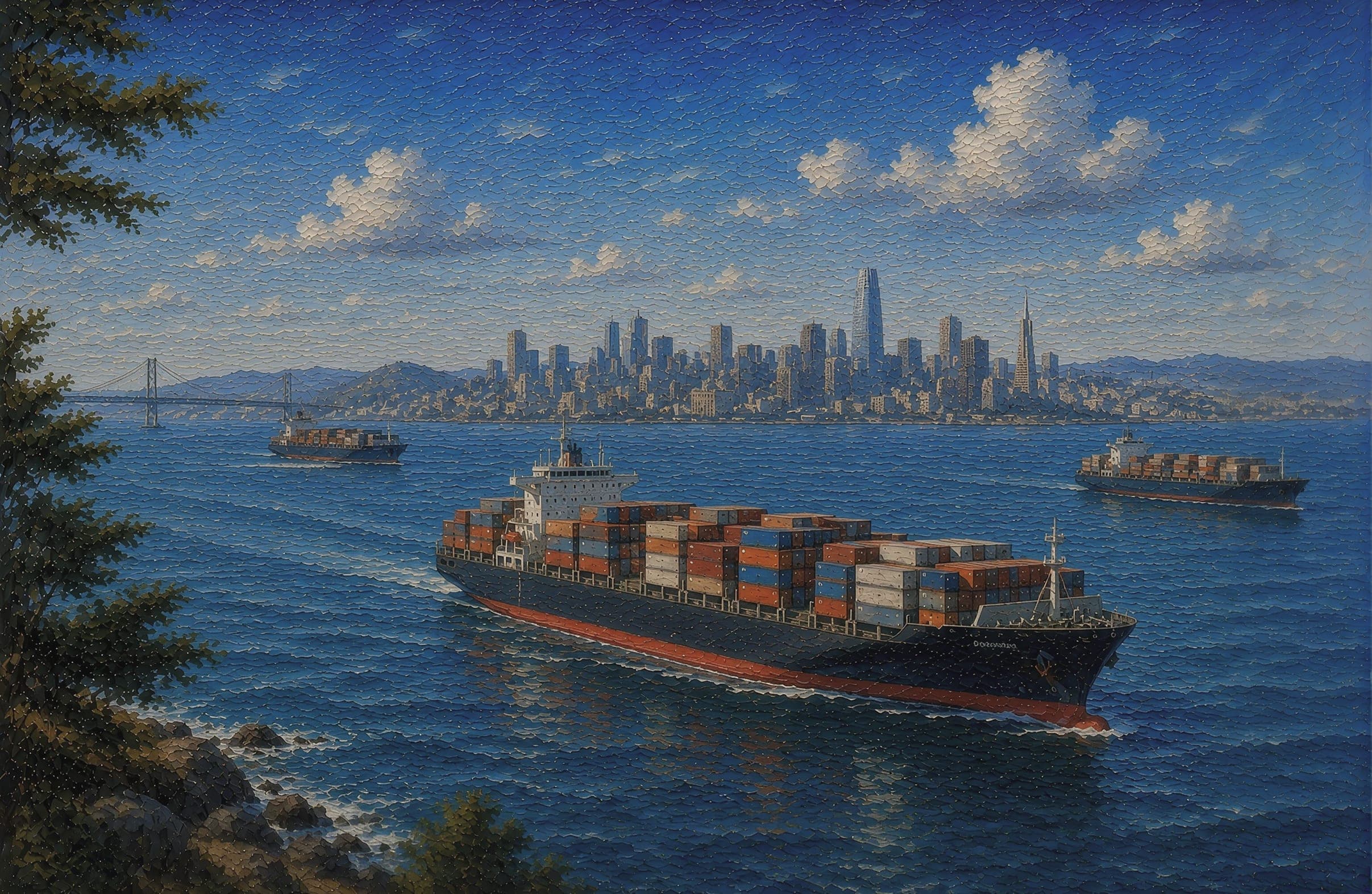 Painting of container ships crossing a bay toward a city skyline and a suspension bridge