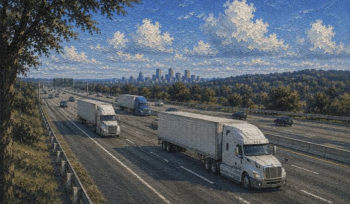 Painting of white semi trucks on a highway, with a city skyline in the distance