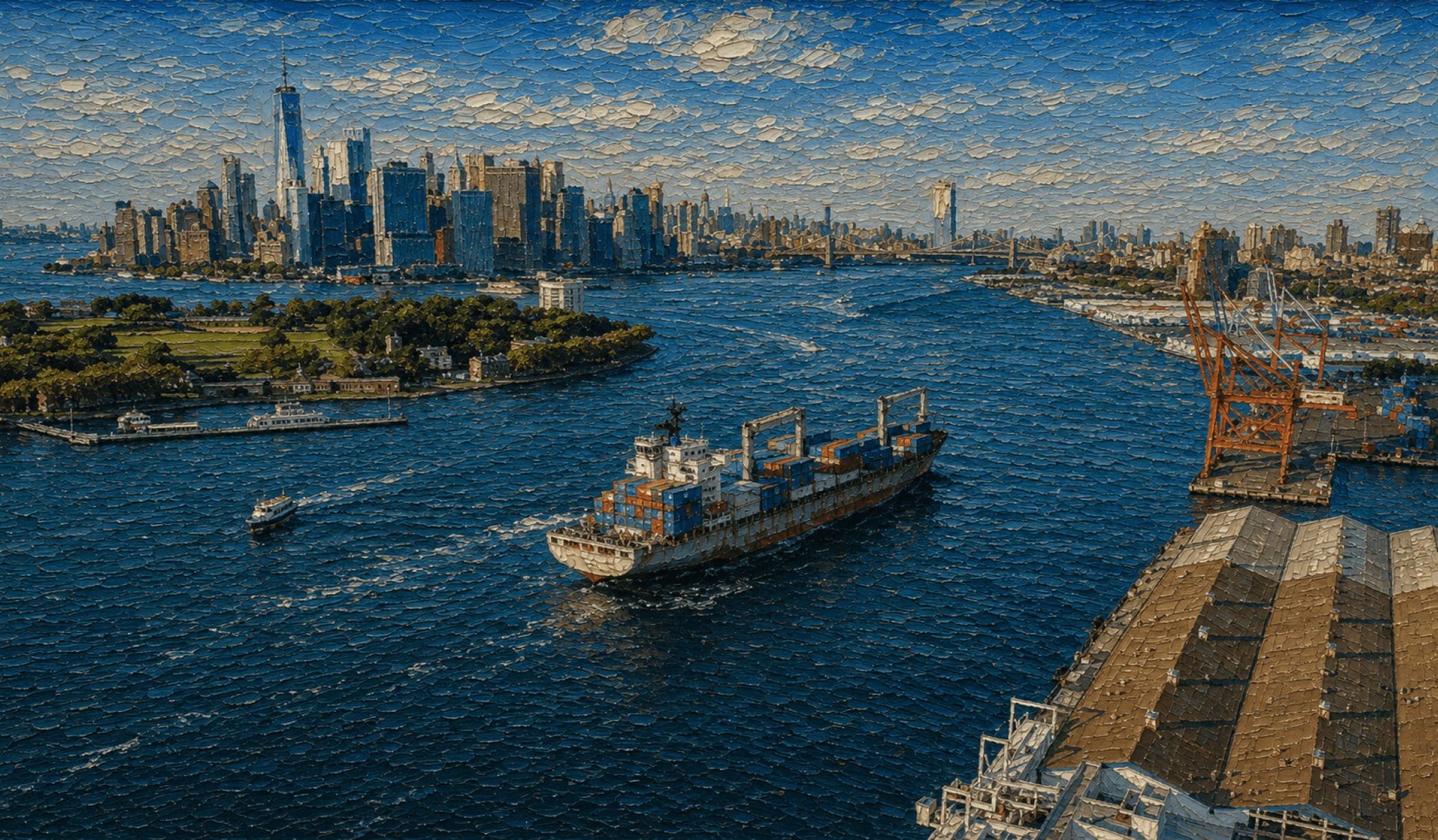 Painting of a container ship in New York Harbor, with the Lower Manhattan skyline and port cranes