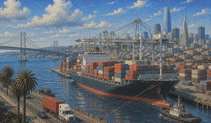 Painting of a container ship under the cranes of a port, with a suspension bridge and city skyline behind